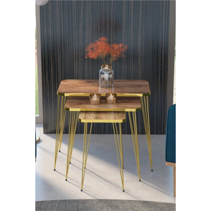 Zigon Sehpa Kr Ve Orta Sehpa Kr Set Gold Ceviz Tel 1108