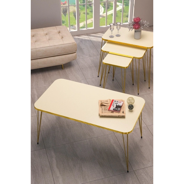 Zigon Sehpa Kr Ve Orta Sehpa Kr Set Gold Krem Tel