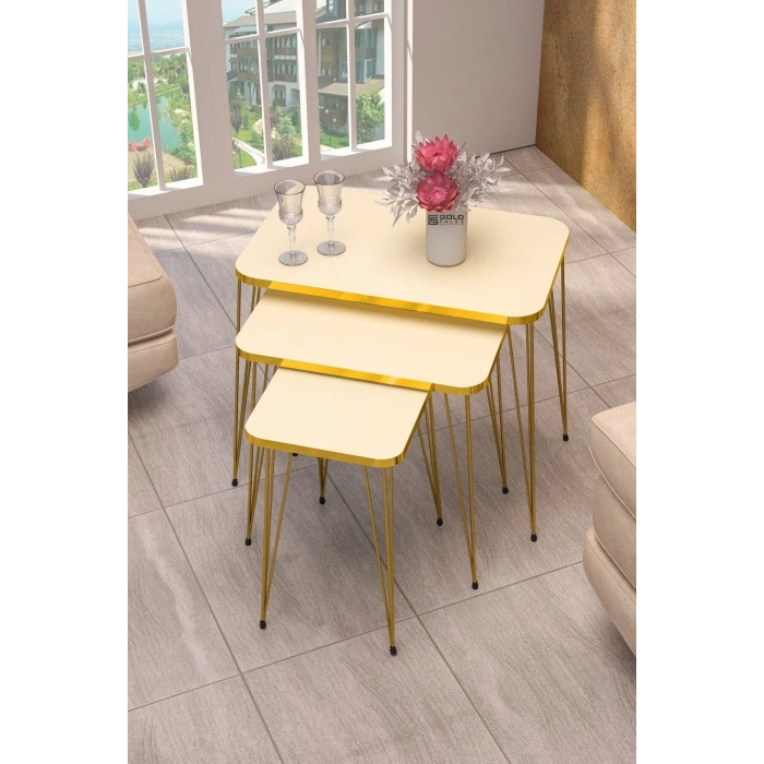 Zigon Sehpa Kr Ve Orta Sehpa Kr Set Gold Krem Tel