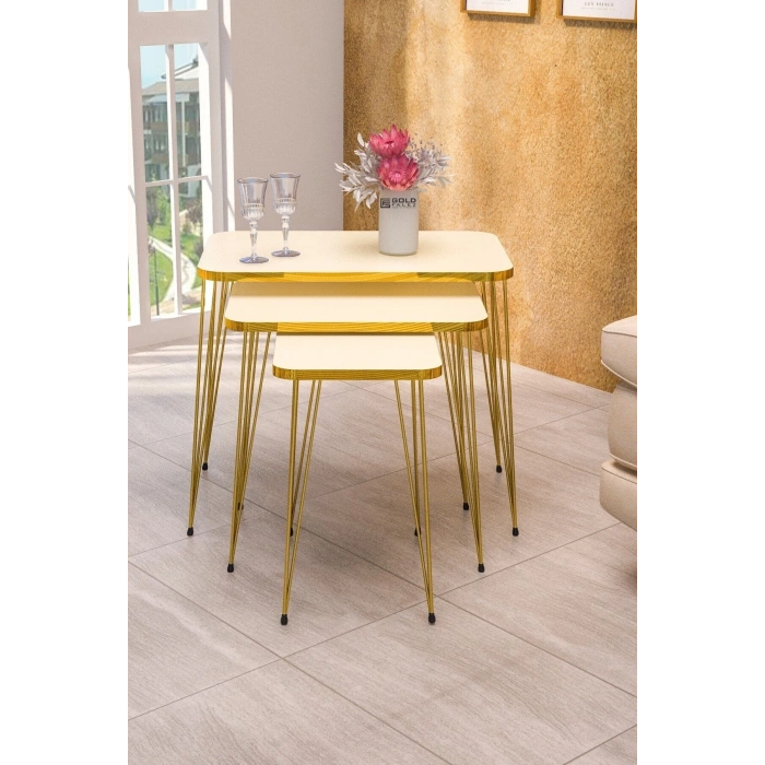 Zigon Sehpa Kr Ve Orta Sehpa Kr Set Gold Krem Tel