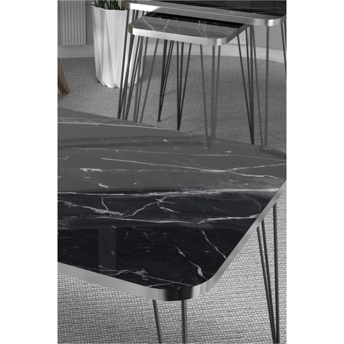 Zigon Sehpa Kr Ve Orta Sehpa Kr Set Gümüş Bendir Tel Ayak Siyah