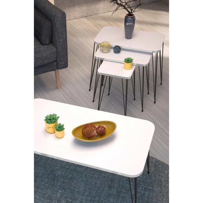 Zigon Sehpa Kr Ve Orta Sehpa Kr Set Siyah Ayak Beyaz Tel 1102