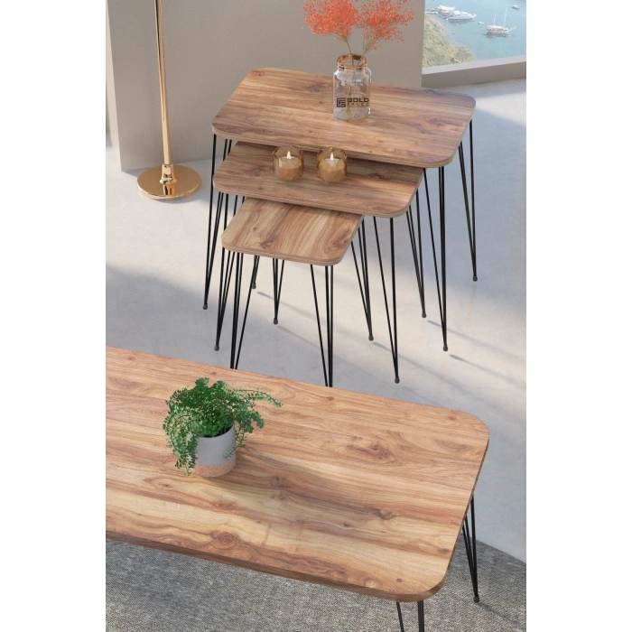 Zigon Sehpa Kr Ve Orta Sehpa Kr Set Siyah Ayak Ceviz Tel