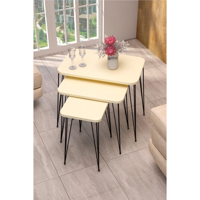 Zigon Sehpa Kr Ve Orta Sehpa Kr Set Siyah Ayak Krem Tel 1100