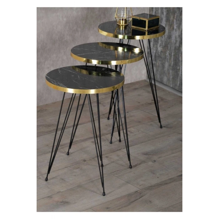 Zigon Sehpa Siyah Ayak Altın Bendir Tel