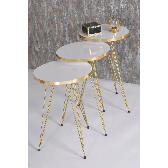 Zigon Sehpa ve Orta Sehpa Beyaz Elips Set Tel Ayak Gold