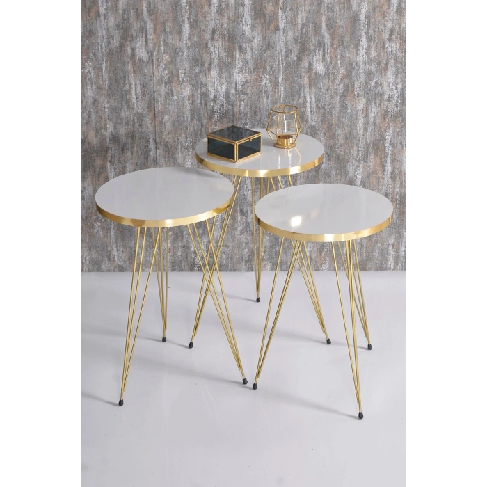 Zigon Sehpa ve Orta Sehpa Beyaz Elips Set Tel Ayak Gold