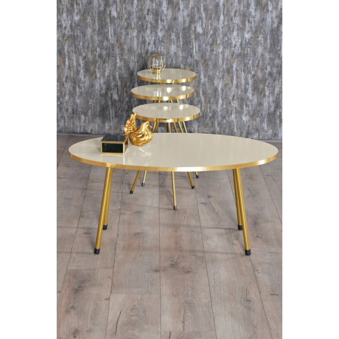 Zigon Sehpa ve Orta Sehpa Elips Gold Metal Ayak Gold Krem Set