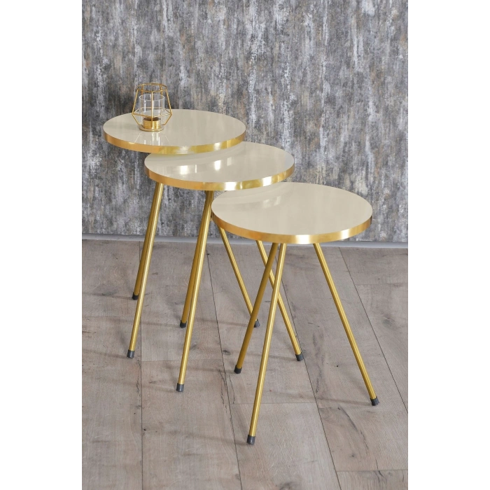 Zigon Sehpa ve Orta Sehpa Elips Gold Metal Ayak Gold Krem Set