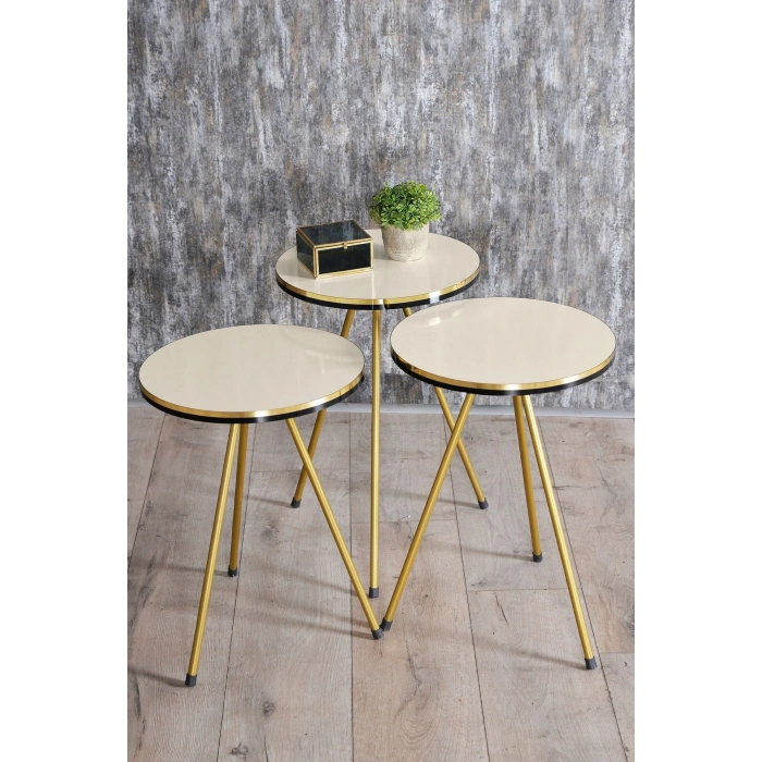 Zigon Sehpa ve Orta Sehpa Elips Krem Set Metal Ayak Çift Gold