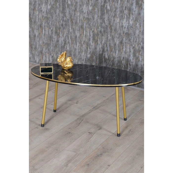 Zigon Sehpa Ve Orta Sehpa Elips Set Çift Gold Bendir Metal