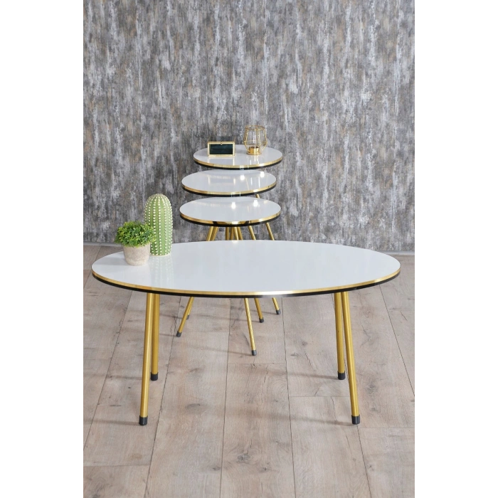 Zigon Sehpa ve Orta Sehpa Elips Set Çift Gold Beyaz Metal