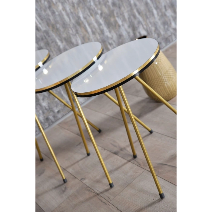 Zigon Sehpa ve Orta Sehpa Elips Set Çift Gold Beyaz Metal