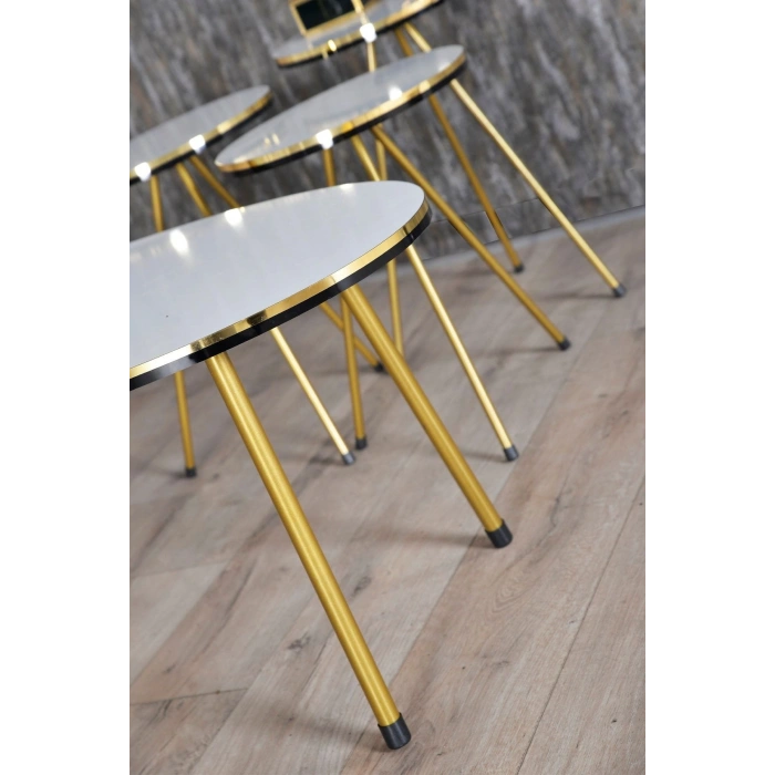 Zigon Sehpa ve Orta Sehpa Elips Set Çift Gold Beyaz Metal