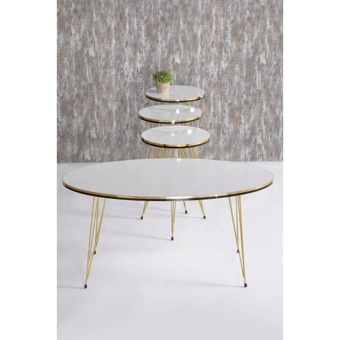 Zigon Sehpa Ve Orta Sehpa Elips Set Çift Gold Beyaz Tel