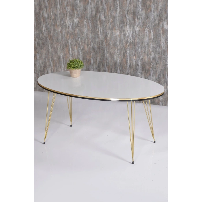 Zigon Sehpa Ve Orta Sehpa Elips Set Çift Gold Beyaz Tel