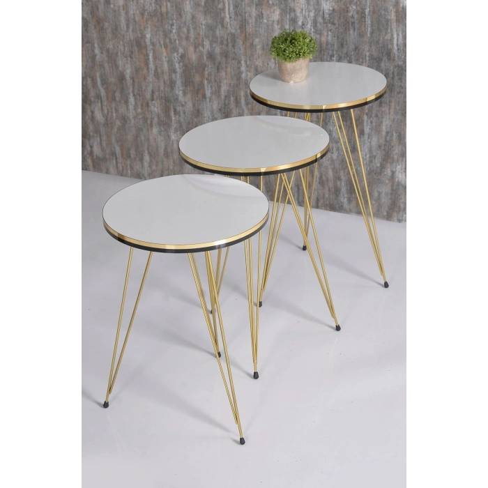 Zigon Sehpa Ve Orta Sehpa Elips Set Çift Gold Beyaz Tel