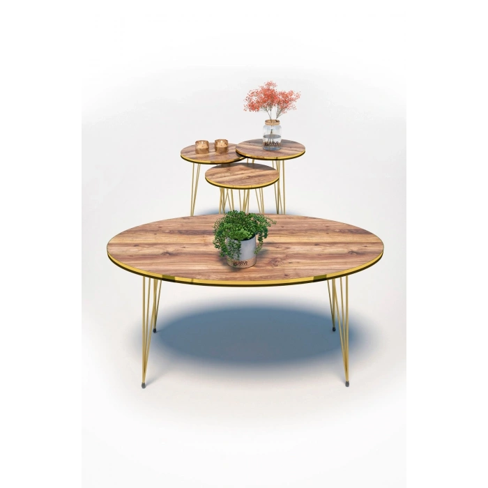 Zigon Sehpa Ve Orta Sehpa Elips Set Çift Gold Ceviz Tel