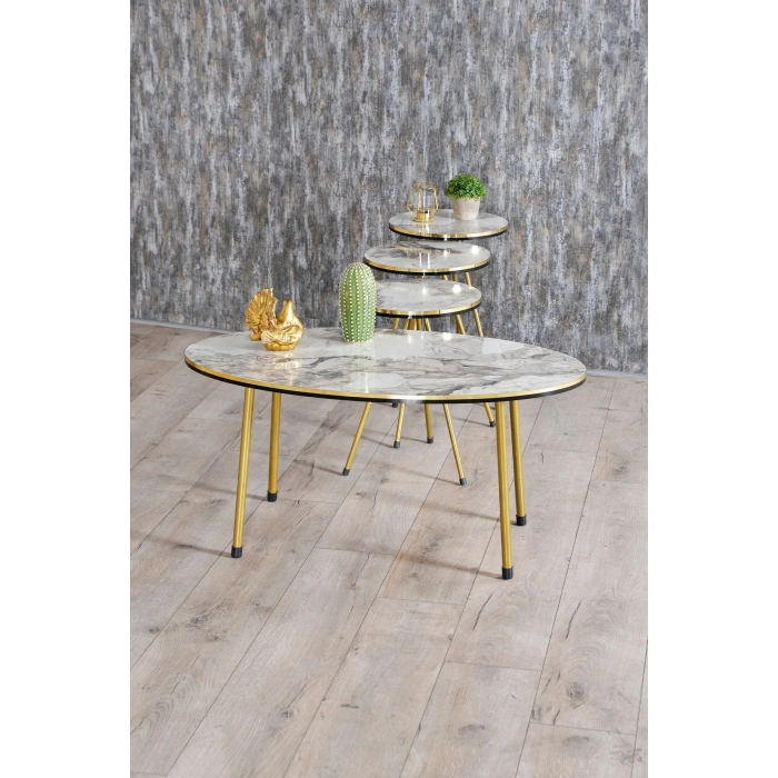 Zigon Sehpa Ve Orta Sehpa Elips Set Çift Gold Efes Metal