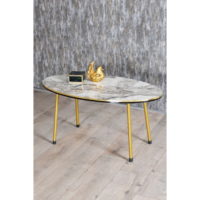 Zigon Sehpa Ve Orta Sehpa Elips Set Çift Gold Efes Metal