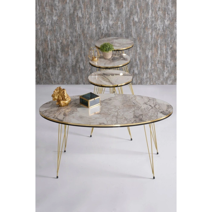 Zigon Sehpa ve Orta Sehpa Elips Set Çift Gold Efes Tel