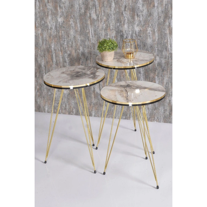 Zigon Sehpa ve Orta Sehpa Elips Set Çift Gold Efes Tel