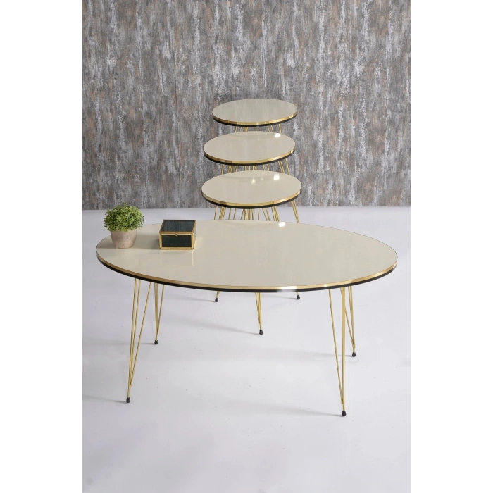 Zigon Sehpa Ve Orta Sehpa Elips Set Çift Gold Krem Tel Ayak