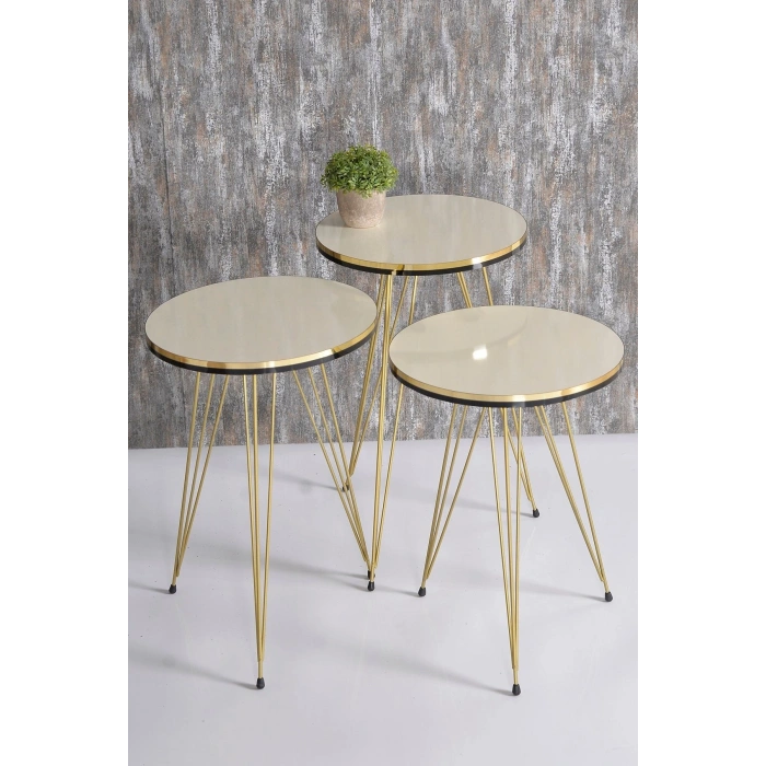 Zigon Sehpa Ve Orta Sehpa Elips Set Çift Gold Krem Tel Ayak