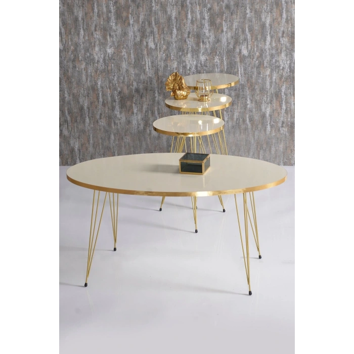 Zigon Sehpa Ve Orta Sehpa Elips Set Gold Krem Tel