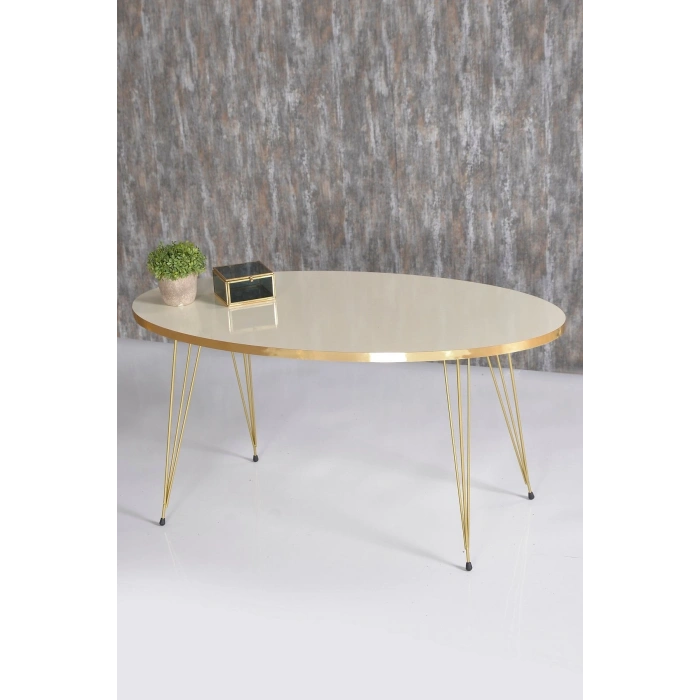 Zigon Sehpa Ve Orta Sehpa Elips Set Gold Krem Tel