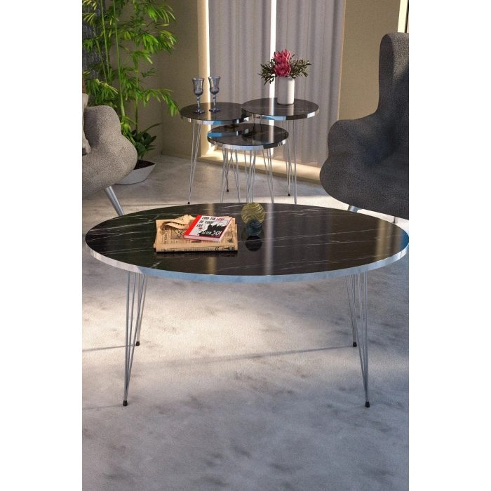 Zigon Sehpa Ve Orta Sehpa Elips Set Gümüş Bendir Tel