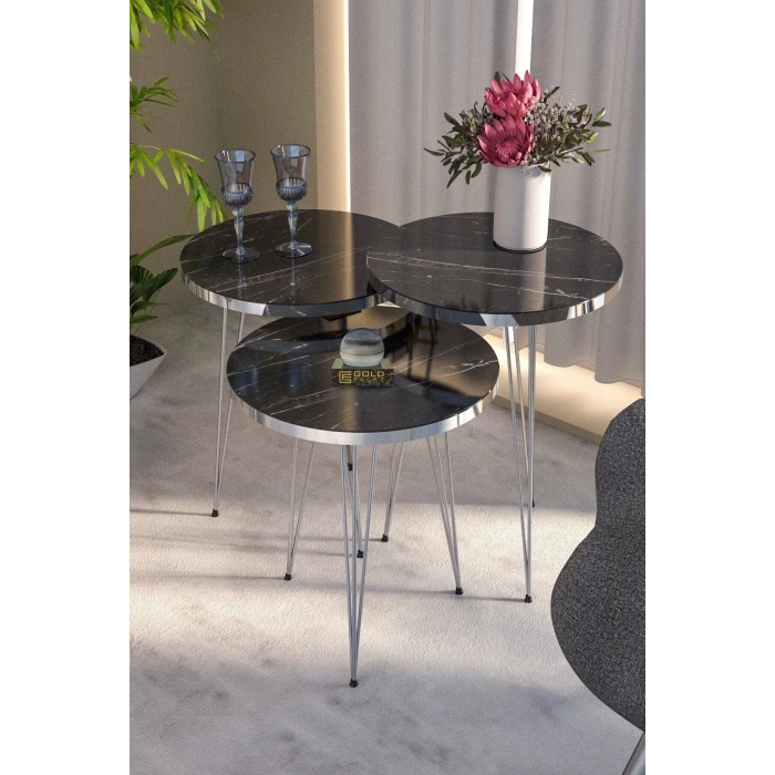 Zigon Sehpa Ve Orta Sehpa Elips Set Gümüş Bendir Tel