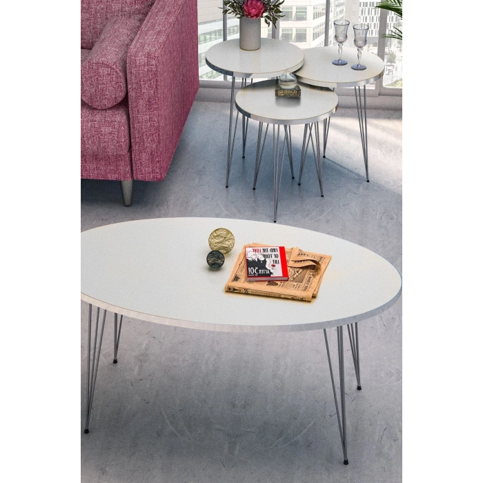 Zigon Sehpa Ve Orta Sehpa Elips Set Gümüş Beyaz Tel