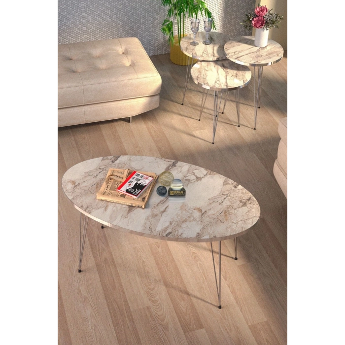 Zigon Sehpa Ve Orta Sehpa Elips Set Gümüş Efes Tel