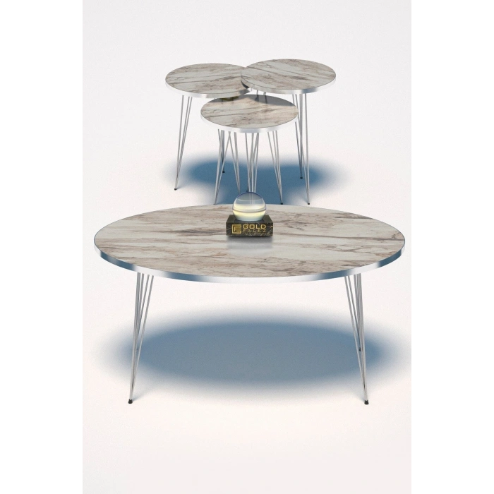 Zigon Sehpa Ve Orta Sehpa Elips Set Gümüş Efes Tel