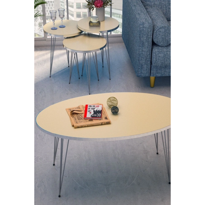 Zigon Sehpa Ve Orta Sehpa Elips Set Gümüş Krem Tel