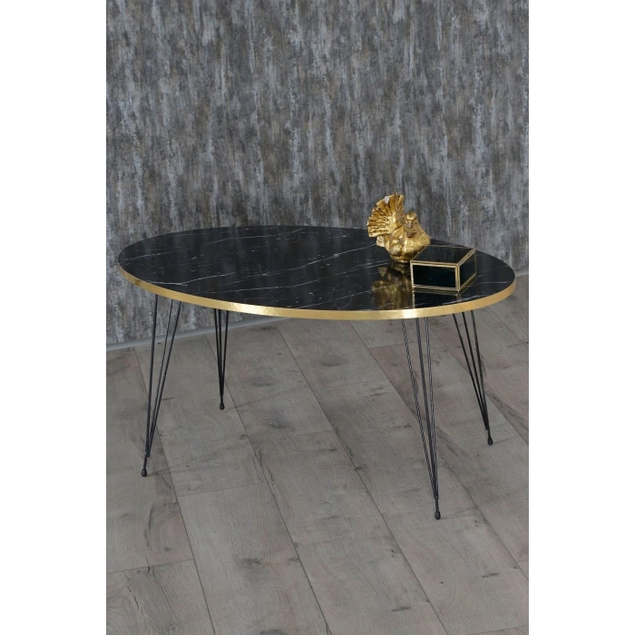 Zigon Sehpa Ve Orta Sehpa Elips Set Siyah Ayak Altın Bendir Tel