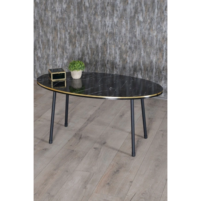 Zigon Sehpa Ve Orta Sehpa Elips Set Siyah Metal Ayak Çift Altın Bendir