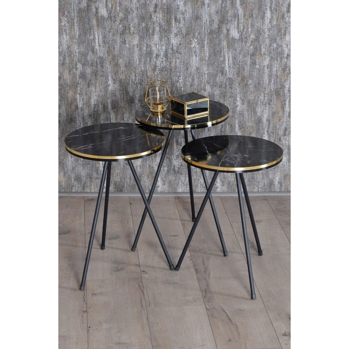 Zigon Sehpa Ve Orta Sehpa Elips Set Siyah Metal Ayak Çift Altın Bendir