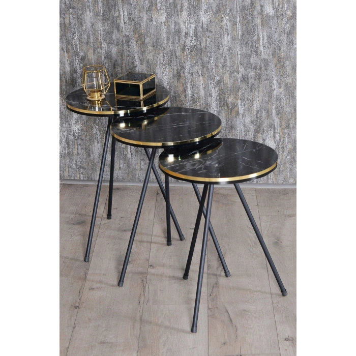 Zigon Sehpa Ve Orta Sehpa Elips Set Siyah Metal Ayak Çift Altın Bendir