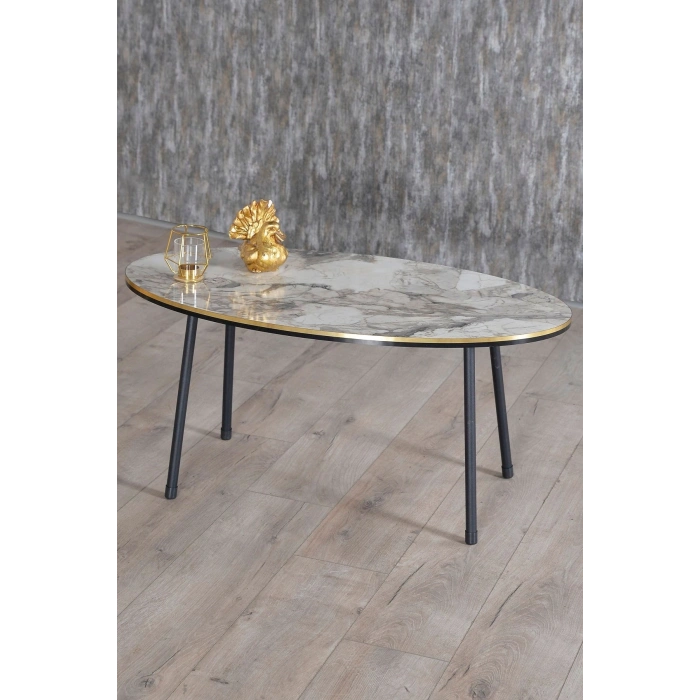 Zigon Sehpa Ve Orta Sehpa Elips Set Siyah Metal Ayak Çift Altın Efes