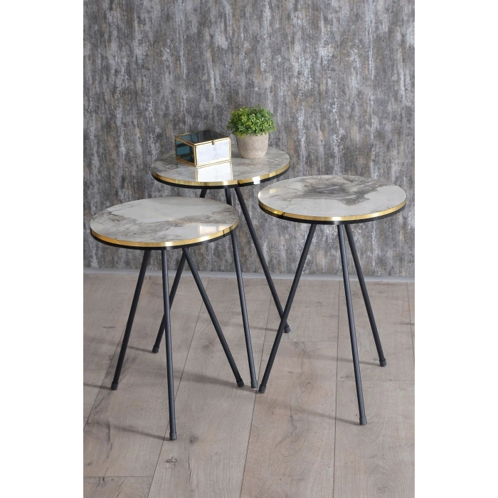 Zigon Sehpa Ve Orta Sehpa Elips Set Siyah Metal Ayak Çift Altın Efes