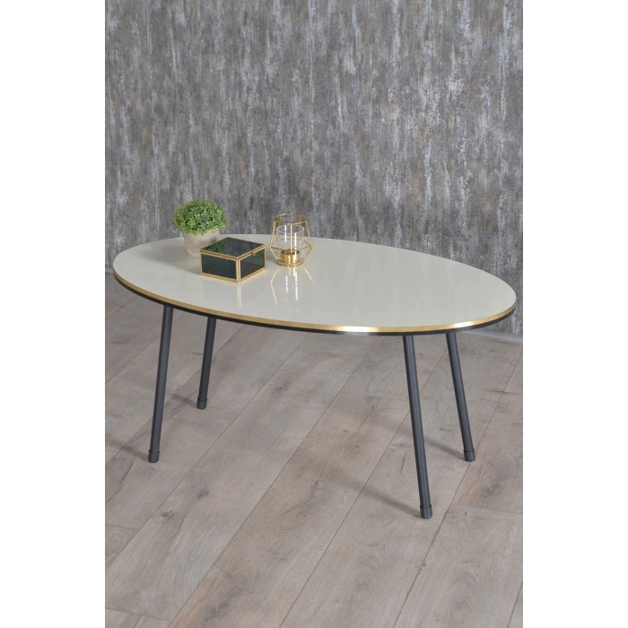 Zigon Sehpa Ve Orta Sehpa Elips Set Siyah Metal Ayak Çift Altın Krem