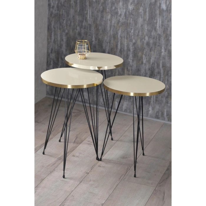 Zigon Sehpa Ve Orta Sehpa Elips Set Siyah Tel Ayak Altın Krem