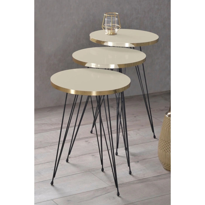 Zigon Sehpa Ve Orta Sehpa Elips Set Siyah Tel Ayak Altın Krem