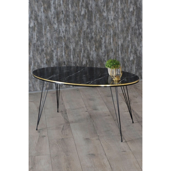 Zigon Sehpa Ve Orta Sehpa Elips Set Siyah Tel Ayak Çift Altın Bendir