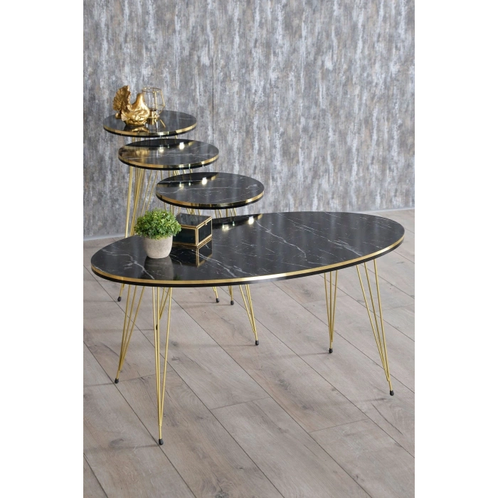 Zigon Sehpa Ve Orta Sehpa Elips Set Tel Ayak Çift Gold Bendir