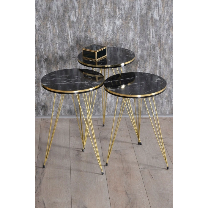 Zigon Sehpa Ve Orta Sehpa Elips Set Tel Ayak Çift Gold Bendir