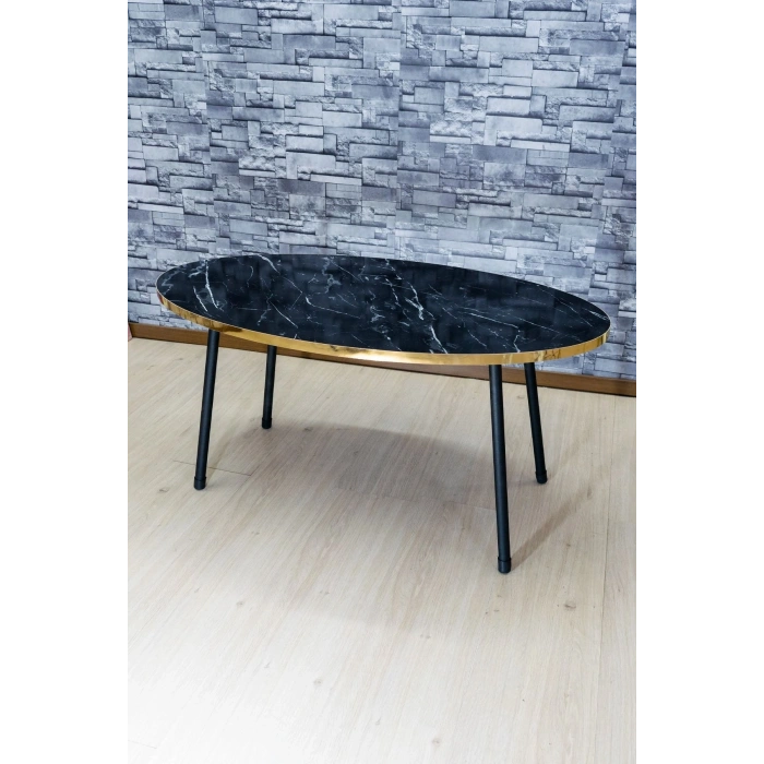 Zigon Sehpa Ve Orta Sehpa Elips Siyah Metal Ayak Altın Bendir Set