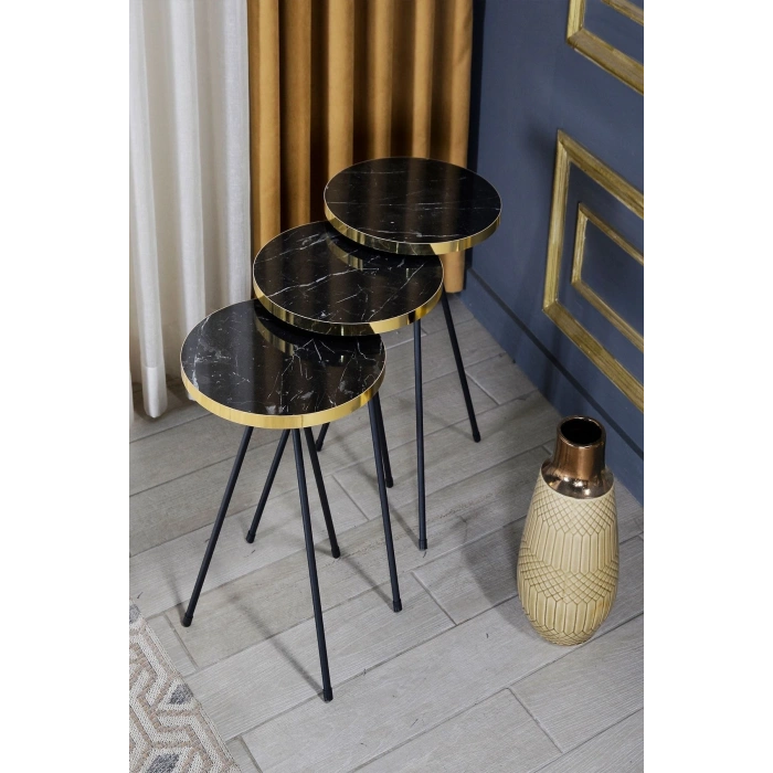 Zigon Sehpa Ve Orta Sehpa Elips Siyah Metal Ayak Altın Bendir Set